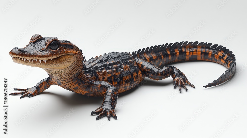 Naklejka premium A mosaic alligator in black, brown, and orange rests on a pristine white surface, elegantly angled to the left