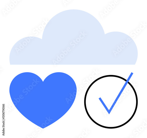 Soft cloud, blue heart, and checkmark within a circle symbolizing digital connection, compassion, and success. Ideal for tech, healthcare, wellness, productivity trust networking achievements