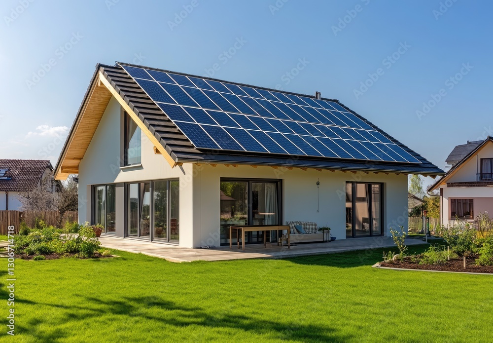 A modern house with solar panels on the roof, is shown against a clear blue sky and a green grass field. A modern house with solar panels on the roof, is shown against a clear blue sky and a green grass field.