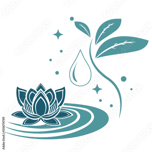 Stylized image of lotus, water and leaves in abstract minimalist style. Turquoise monochrome, symbolizes nature, harmony and purity