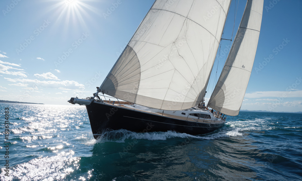 Fototapeta premium Sailing Boat, Crystal Waters, Gliding Through, Sunlit Horizon A sleek sailing boat gliding through the crystal-clear ocean waters, the wind in the sails,