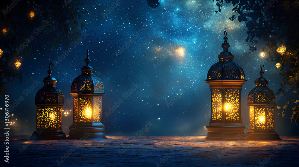 Fototapeta premium Ramadan lanterns glowing under a starry night sky