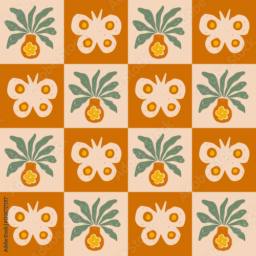 Vintage Floral Seamless Pattern with Butterfly.Hand drawn mid century minimal checkered background with chessboard plant checkerboard moth vase leaves chalk crayon drawing texture. Vector illustration