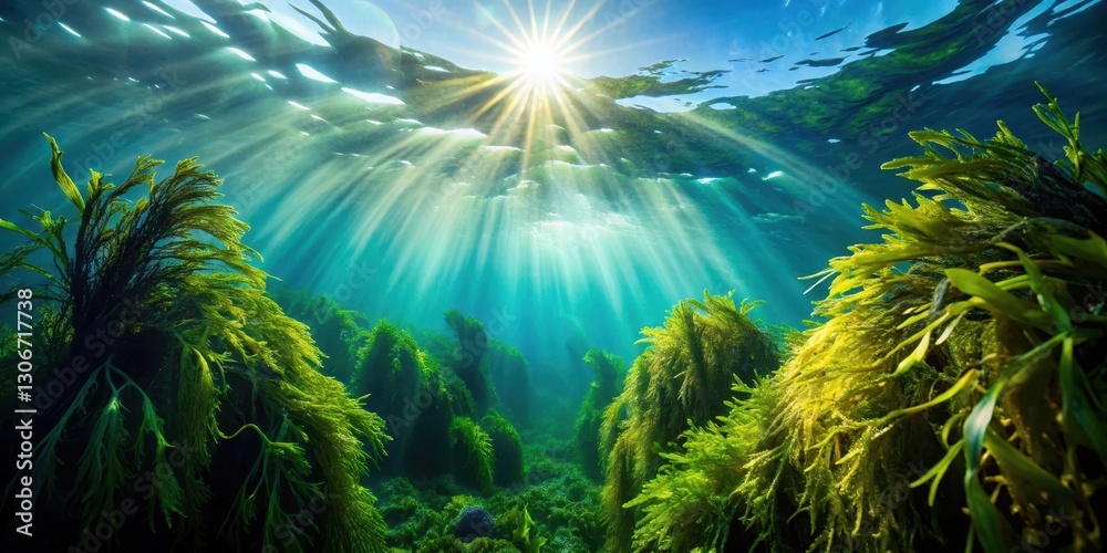 Fototapeta premium Dark green seaweed swaying in the ocean current, with sunlight filtering down from above through the waves , ocean