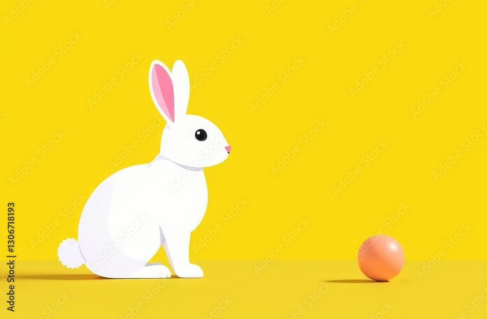 Obraz premium Festive Easter horizontal flyer, banner, header for website with white cracked egg and banny ears on a yellow background. Trendy Easter design with egg, bunny. Greeting card with text Happy Easter 