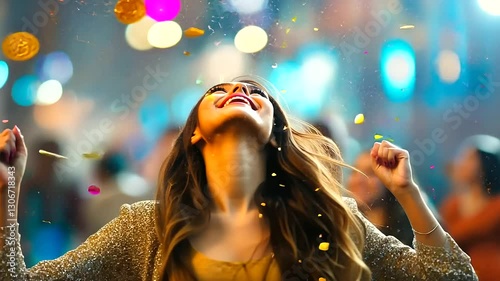 A girl dancing in a rain of confetti in a lively city