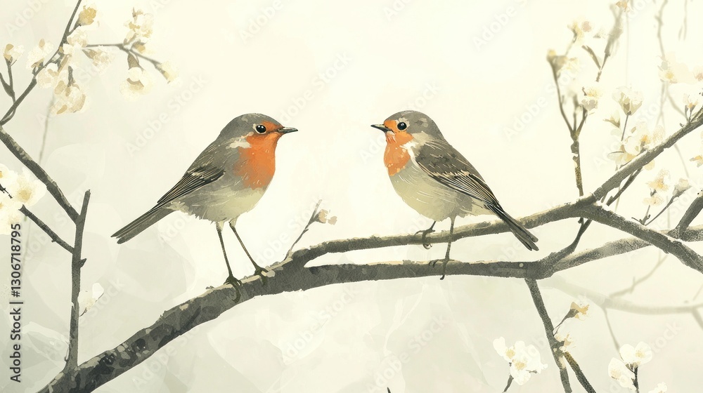 Two small birds sit on a branch with white flowers Two small birds sit on a branch with white flowers