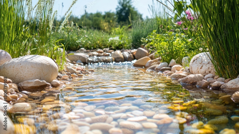 Fototapeta premium Serene Stream: A Tranquil Garden Oasis