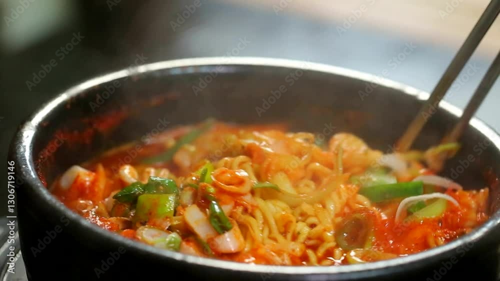 Stirring spicy seafood ramyeon with chopsticks Stirring spicy seafood ramyeon with chopsticks