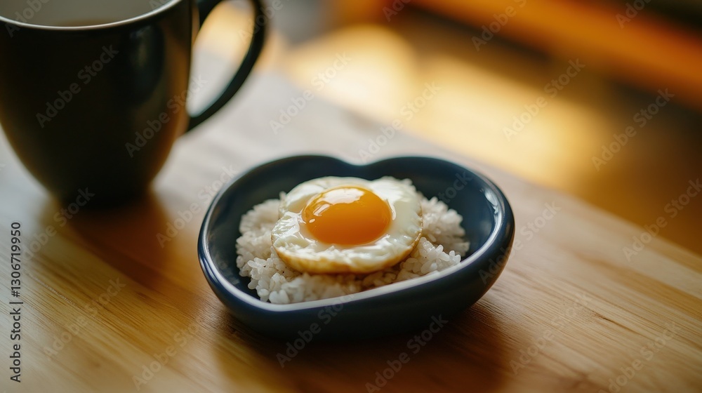 A heart-shaped egg dish on rice is also a symbol of love and care placed on the table with coffee. A heart-shaped egg dish on rice is also a symbol of love and care placed on the table with coffee.