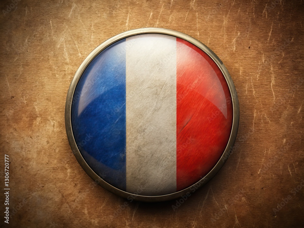 Fototapeta premium 3D rendered vintage French flag pin. Antique brooch, celebrating French nationality and heritage.