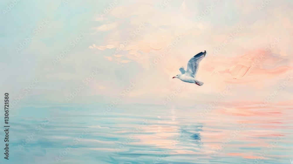 Obraz premium A seagull is flying over the water in a colorful sky