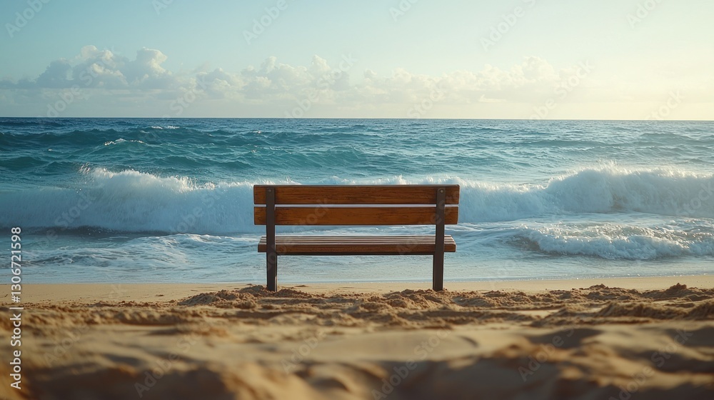 Empty wooden bench on beach facing ocean waves at sunrise. Potential use Inspirational, peaceful, serene, travel, vacation, relaxation Empty wooden bench on beach facing ocean waves at sunrise. Potential use Inspirational, peaceful, serene, travel, vacation, relaxation