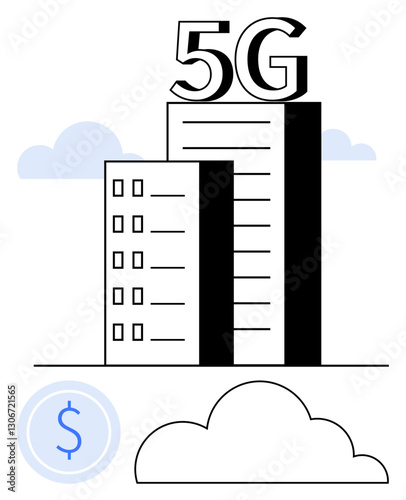 Towers emphasizing 5G technology with cloud and currency icon, representing digital growth. Ideal for telecommunication, innovation, connectivity, technology, business, internet services