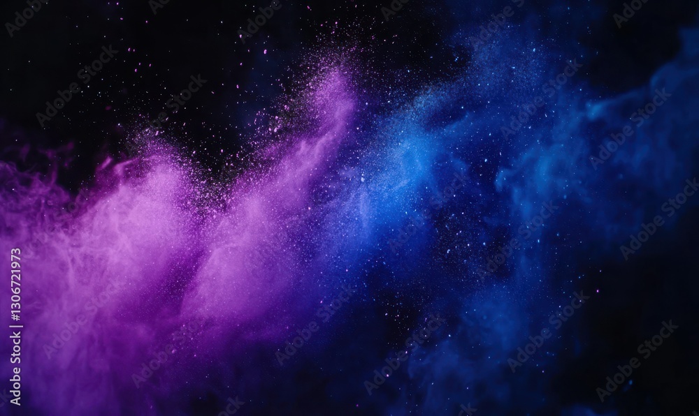 Fototapeta premium Abstract explosion of vibrant purple and blue powder against a black background, creating dynamic movement and rich textures, .