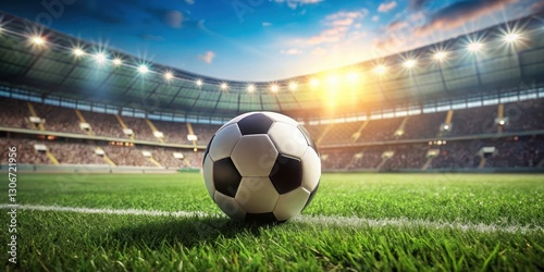 Soccer ball on green field with blurred stadium in the background, surrounded by tall trees and lush grass, nature scenery, green field