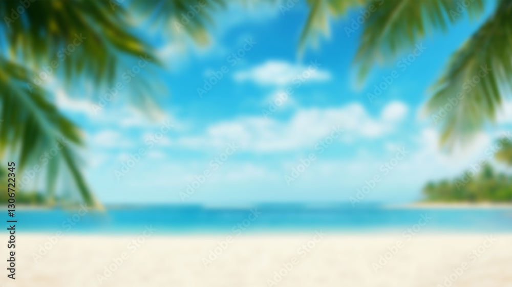 A tropical beach scene with palm leaves framing the sandy shore and ocean view. AI Generated Images