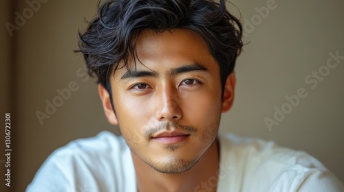 close up portrait of a asian young man wearing a white shirt looking thoughtful against a beige background his expression conveys contemplation and focus creating a serene and calm mood