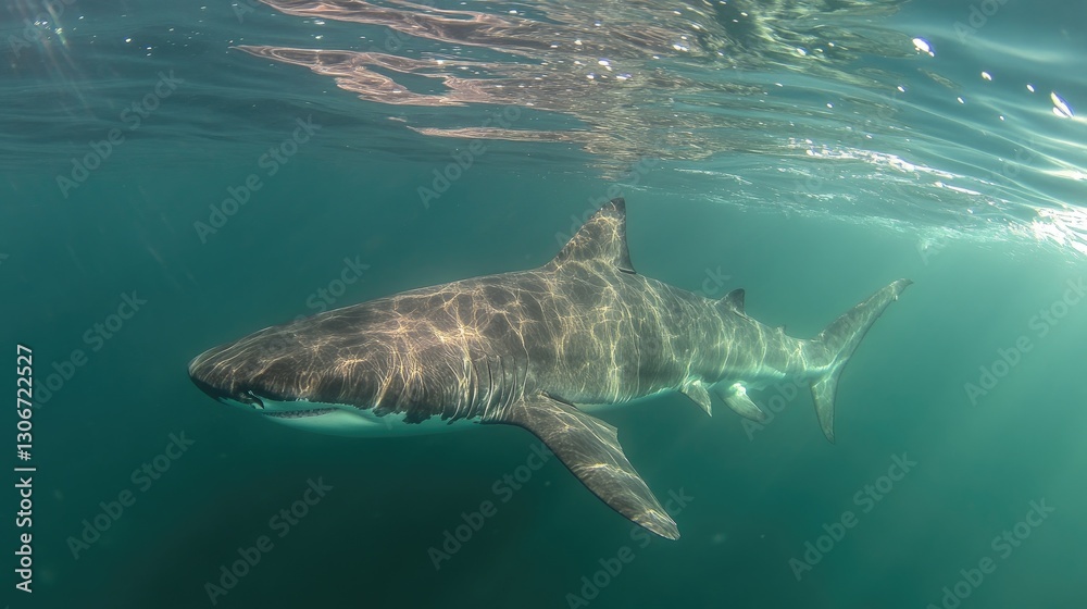 Naklejka premium A basking shark peacefully gliding through plankton-rich waters.
