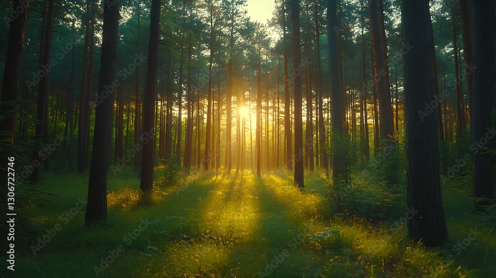 Obraz premium spring sunlight shining through green forest canopy highlighting tree branches natural light outdoor scenery forest growth leaves and peaceful tranquil landscape