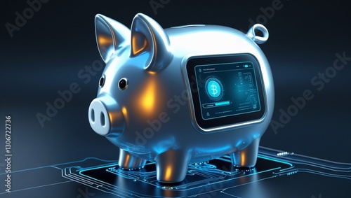 A glowing piggy bank with a futuristic digital deposit system, concept of savings, 3D-rendered