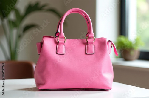 Pink handbag is on the table. Femininity concept.