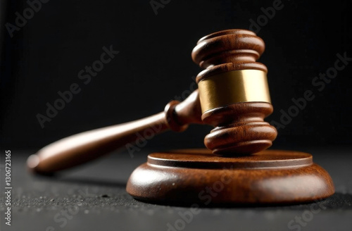 On a dark background lies a wooden gavel, the concept of the legal system.