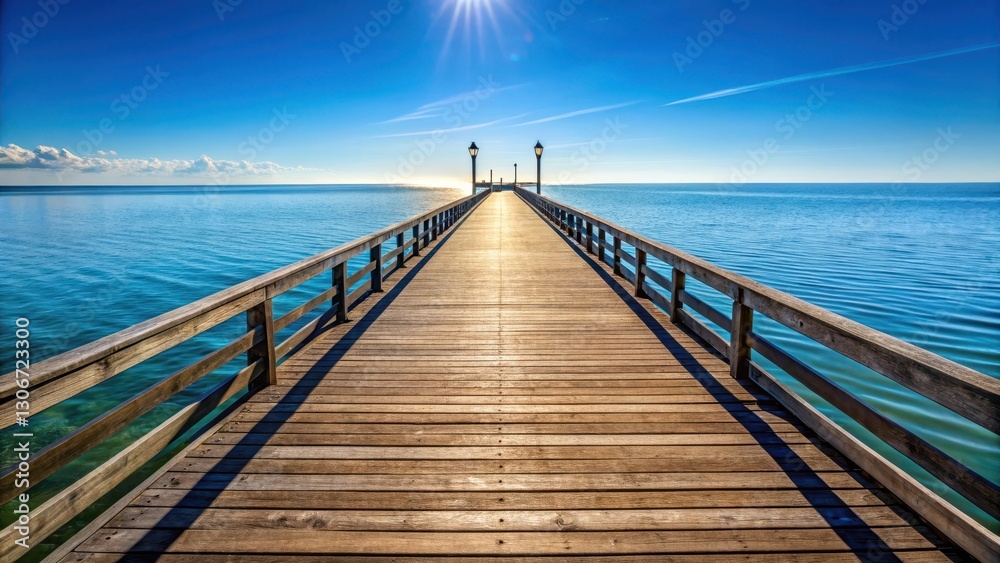Obraz premium A wooden pontile stretching out into the ocean with a clear blue sky above, harbour, majestic scenery