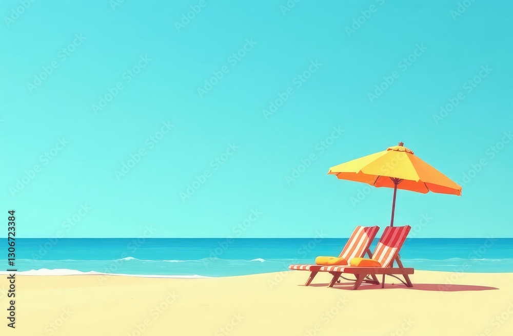 Beach umbrella with chairs, inflatable ring on beach sand. summer vacation concept. Beach umbrella with chairs, inflatable ring on beach sand. summer vacation concept.