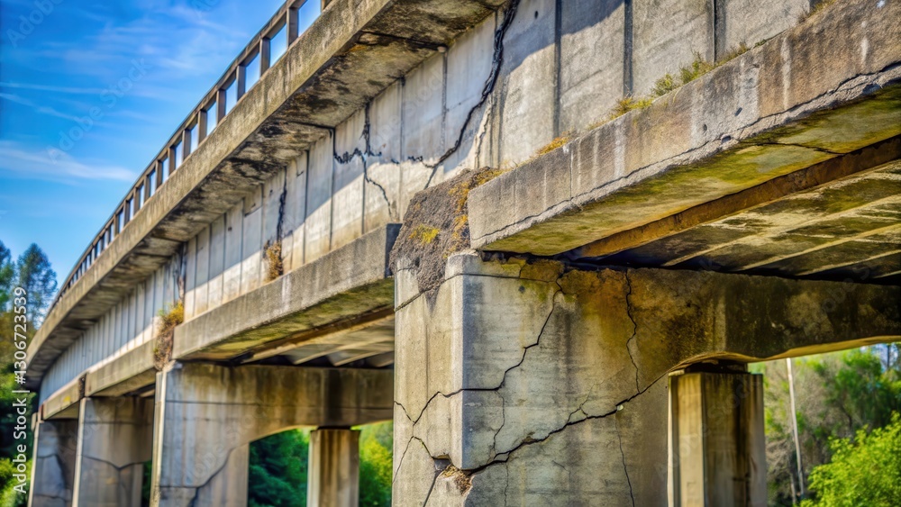 Obraz premium Weathered concrete bridge structure with visible cracks and erosion , decaying concrete, structural failure