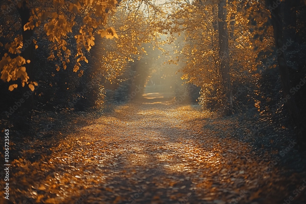 Fototapeta premium Sunlit Autumn Path Through Golden Forest