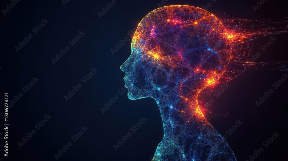 Create a side view silhouette of a human figure made of dynamic fractals, embodying constant change, vibrant digital abstract art Create a side view silhouette of a human figure made of dynamic fractals, embodying constant change, vibrant digital abstract art