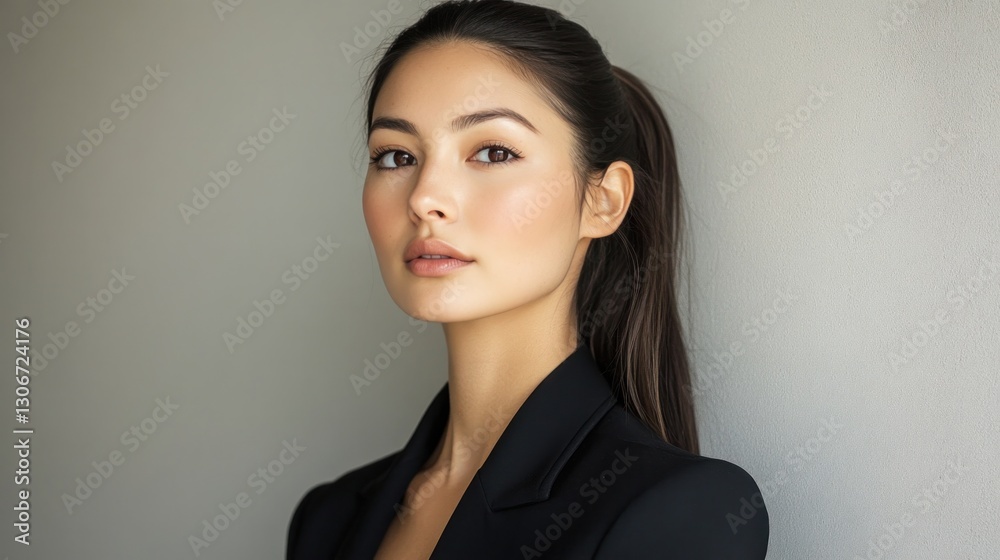 Portrait of a poised businesswoman with long hair tied in a ponytail, minimalist makeup, and corporate attire Portrait of a poised businesswoman with long hair tied in a ponytail, minimalist makeup, and corporate attire