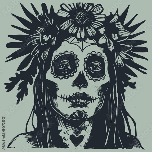 Vector illustration of a Day of the Dead sugar skull woman with floral crown in a gothic style. Monochromatic black silhouette with detailed facial features and traditional calavera makeup.