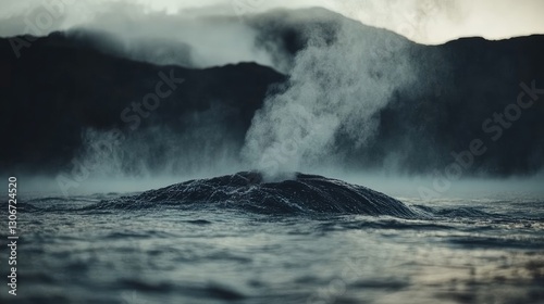 A close-up of a whale's blowhole releasing water vapor as it surfaces for air.