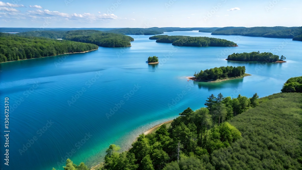 Serene landscape of a tranquil lake surrounded by lush greenery and rolling hills on a sunny day Serene landscape of a tranquil lake surrounded by lush greenery and rolling hills on a sunny day