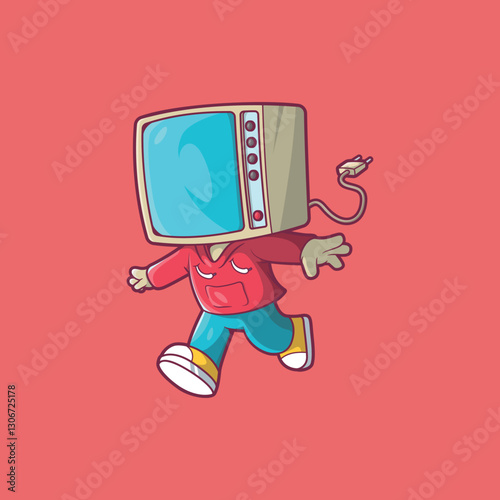 A TV character running with open arms vector illustration. Technology, mascot design concept.