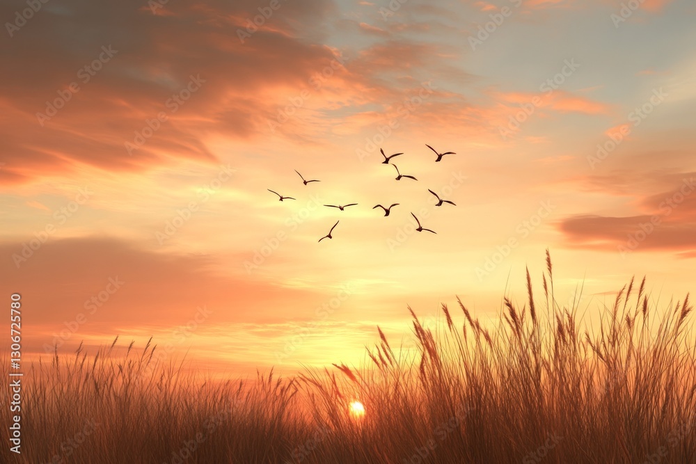 Fototapeta premium A beautiful scene depicting birds flying gracefully in the soft glow of a sunset, evoking feelings of peace and the splendor of nature's beauty.