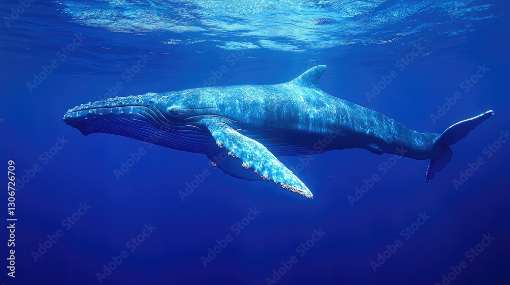 Fototapeta premium A giant blue whale gliding through the ocean depths, its immense body dwarfing the surrounding waters.