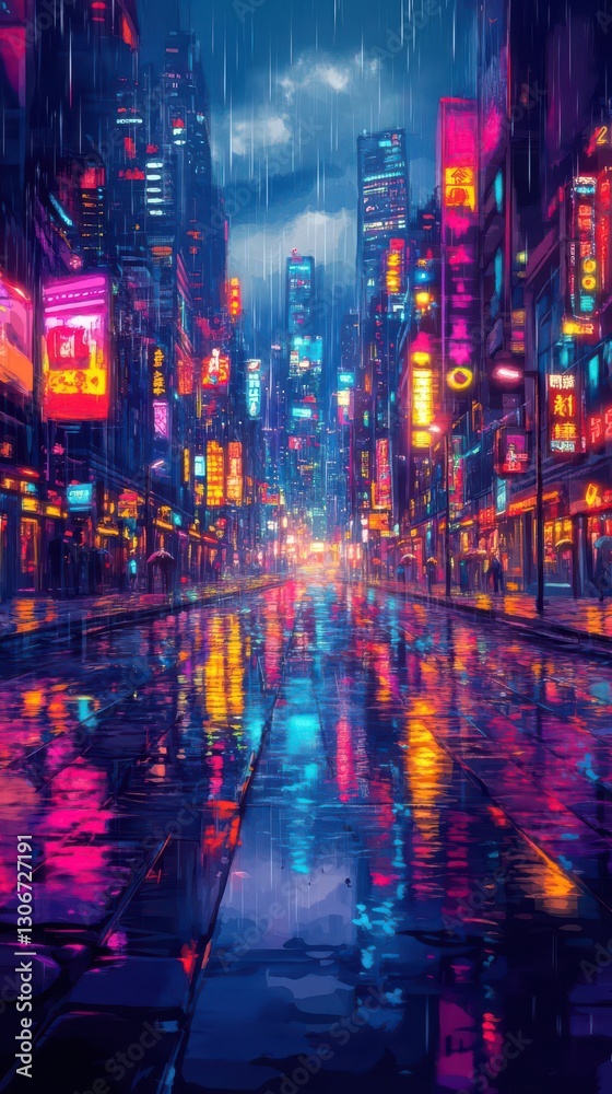 Fototapeta premium Illustrate a futuristic cityscape at dusk, neon lights reflecting on a rain-soaked street, in a digital art style with a cyberpunk aesthetic, emphasizing depth and atmosphere
