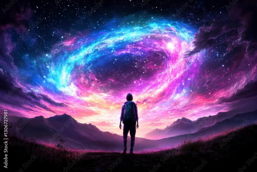 Fototapeta premium Cosmic Adventure: A Hiker Gazes at a Vibrant Galaxy Over Majestic Mountains