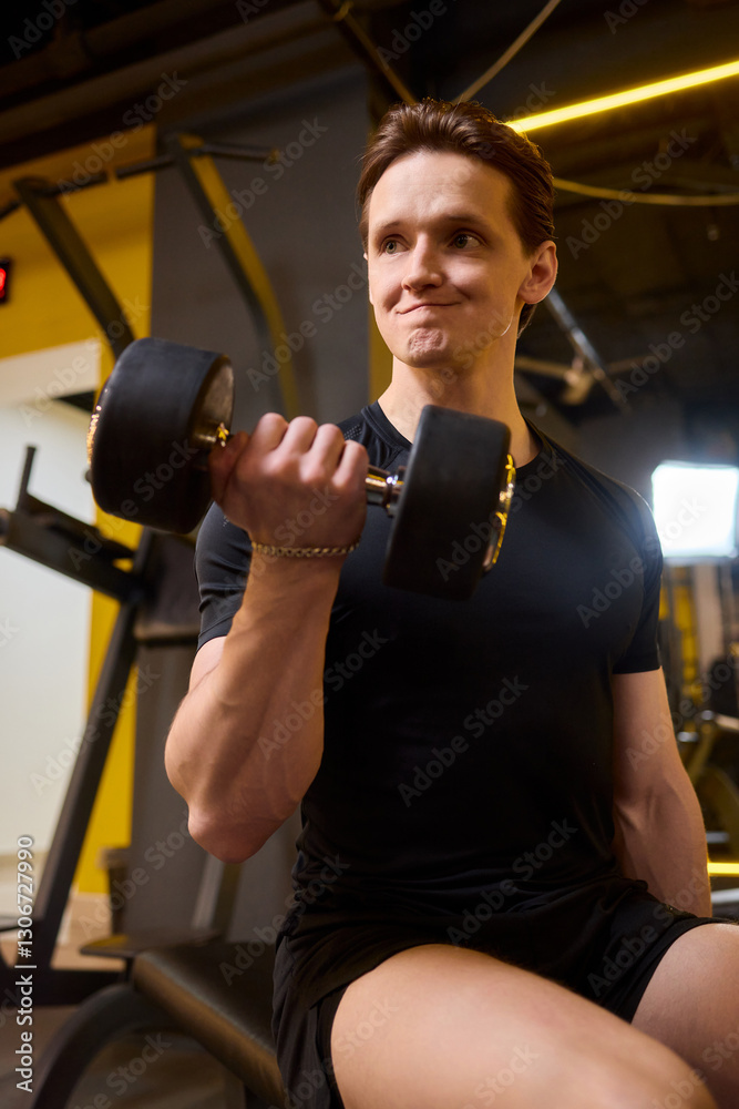 A young athlete is confidently lifting dumbbells in a modern, well-equipped gym facility A young athlete is confidently lifting dumbbells in a modern, well-equipped gym facility