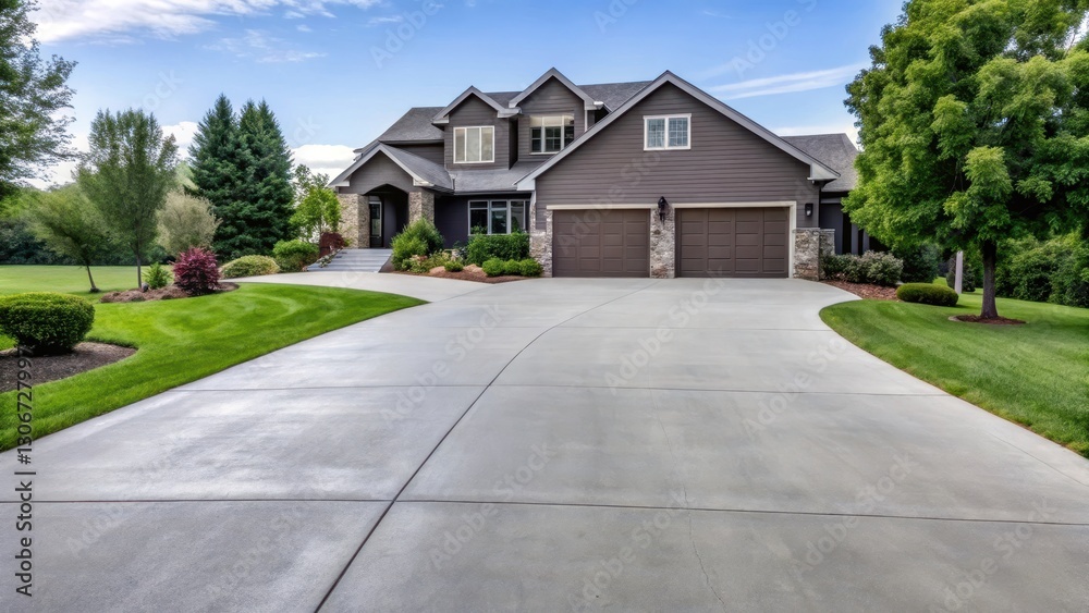 A dark gray concrete driveway stretching into the distance with a few trees and a house on either side, Des Moines, concrete driveway A dark gray concrete driveway stretching into the distance with a few trees and a house on either side, Des Moines, concrete driveway