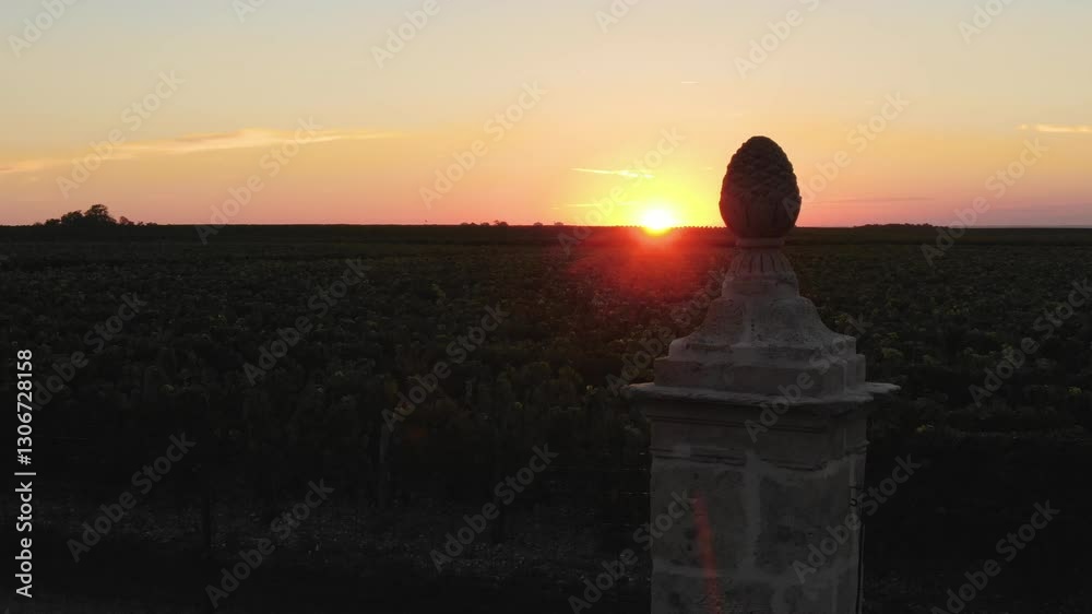 Maison d'Estournel, vineyard at sunset, with silhouette of stone column, golden horizon in background. Bordeaux, France. Aerial lateral drone at low altitude