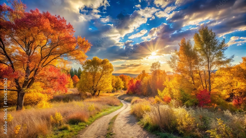 Autumnal Country Road at Sunset with Vibrant Foliage and Golden Hour Light Autumnal Country Road at Sunset with Vibrant Foliage and Golden Hour Light