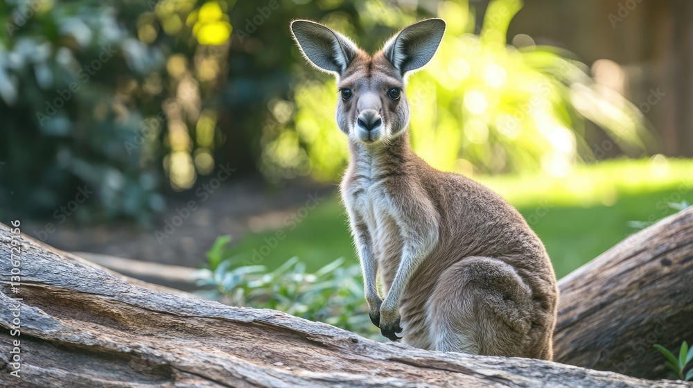 A kangaroo standing next to a fallen tree trunk, its ears perked up in curiosity. A kangaroo standing next to a fallen tree trunk, its ears perked up in curiosity.