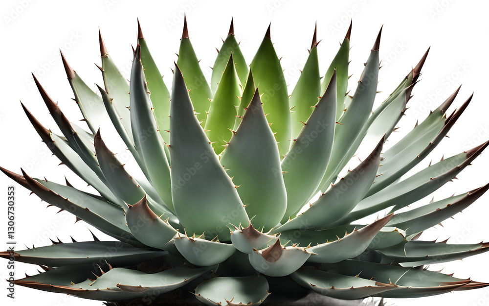 Fototapeta premium A large green spiky agave plant in a ceramic pot, isolated on a empty plain background