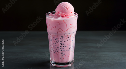 Refreshing pink falooda drink with ice cream and seeds cold food milk rose on transparent background