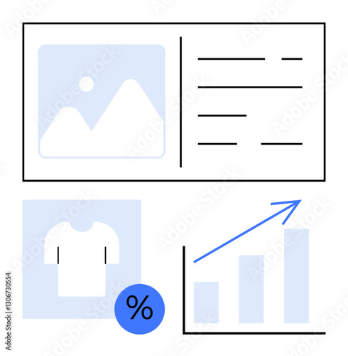 Digital interface with product image, textual details, clothing item, percentage icon, and upward trend chart. Ideal for analytics, sales, e-commerce retail marketing data analysis growth. Flat