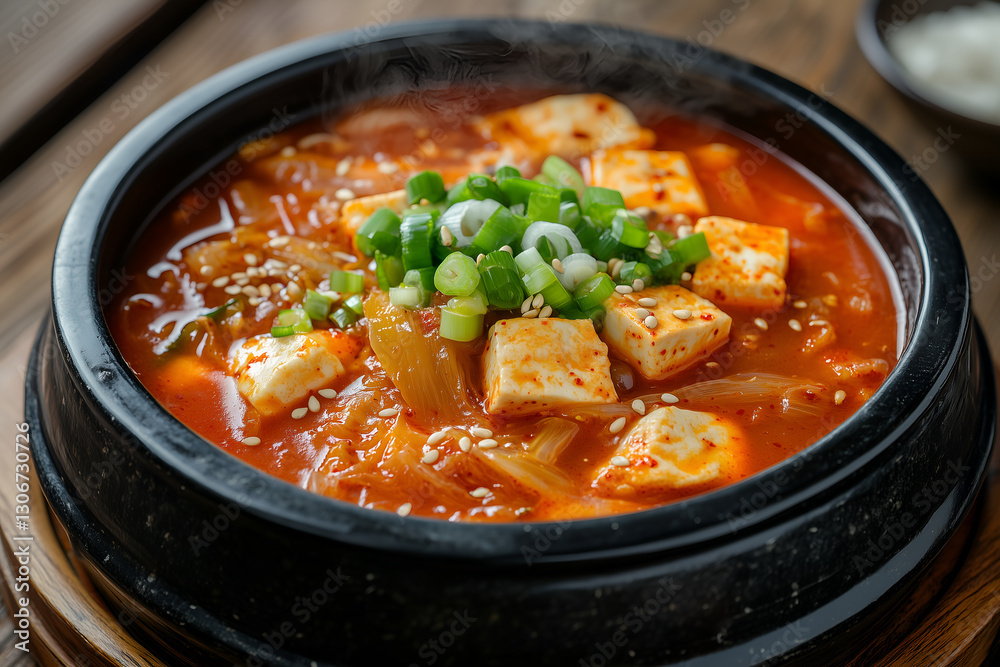 Spicy Korean kimchi jjigae soup with tofu and pork in a traditional stone pot Spicy Korean kimchi jjigae soup with tofu and pork in a traditional stone pot
